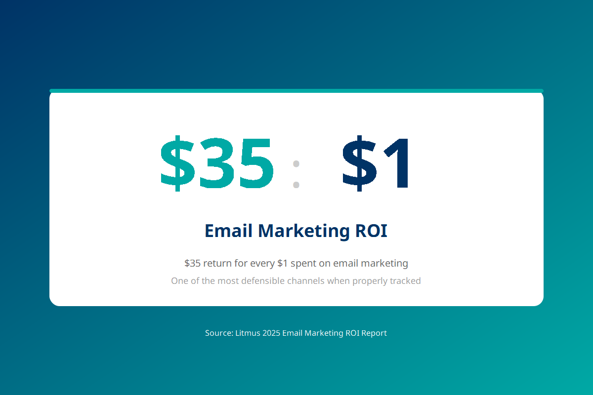 Statistic showing email marketing delivers $35 return for every $1 invested