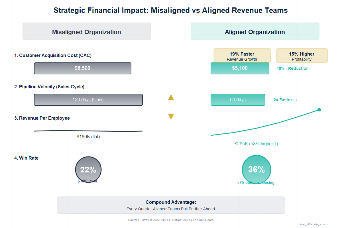 Side-by-side financial comparison showing revenue growth, profitability, and win rates for aligned versus misaligned teams