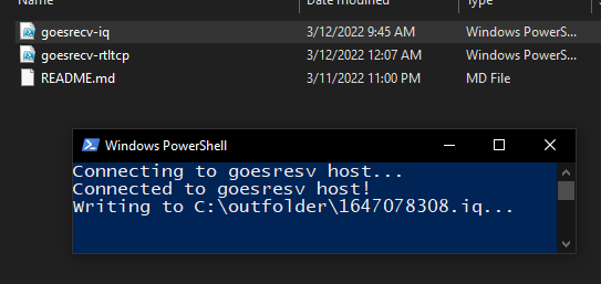 Example of goesrecv-iq.ps1 running