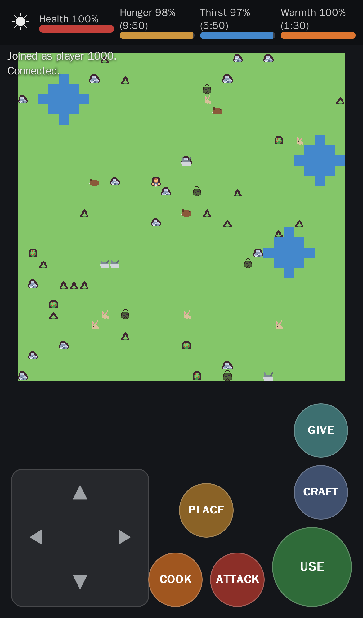 ภาพทดสอบเกม survival-game บนหน้าจอมือถือผ่านเบราว์เซอร์ มีแผนที่ ตัวละคร และปุ่ม Give Craft Use Attack