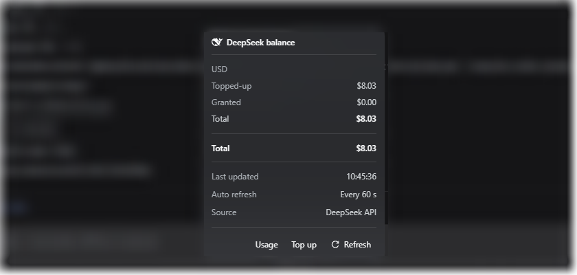 DeepSeek balance details window over the DeepSeek Harness composer