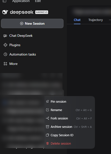 Delete session in the DeepSeek Harness sidebar session menu
