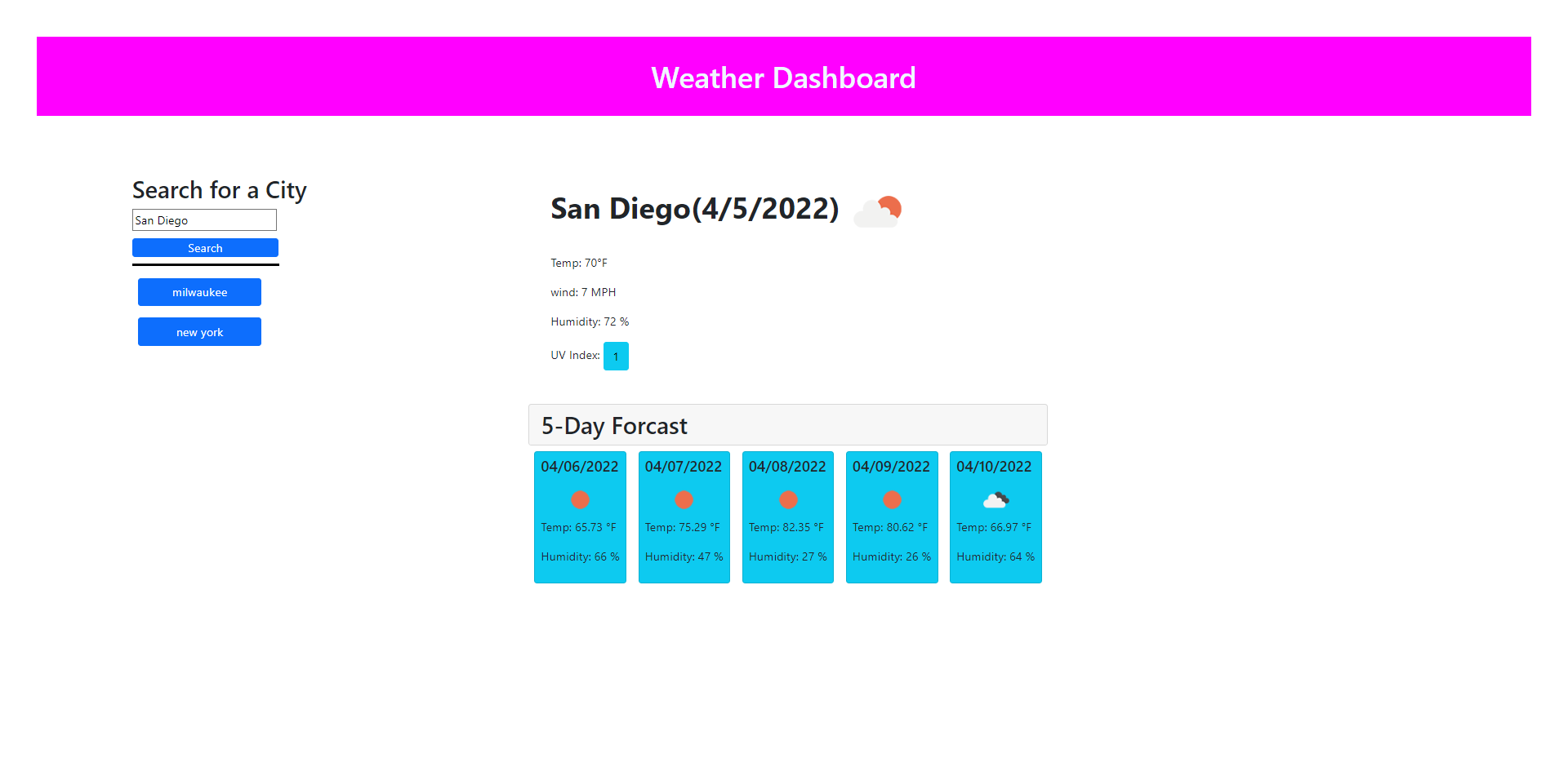 the web app starts out with San Diego as the search result and shows the current weather and 5 day forcast