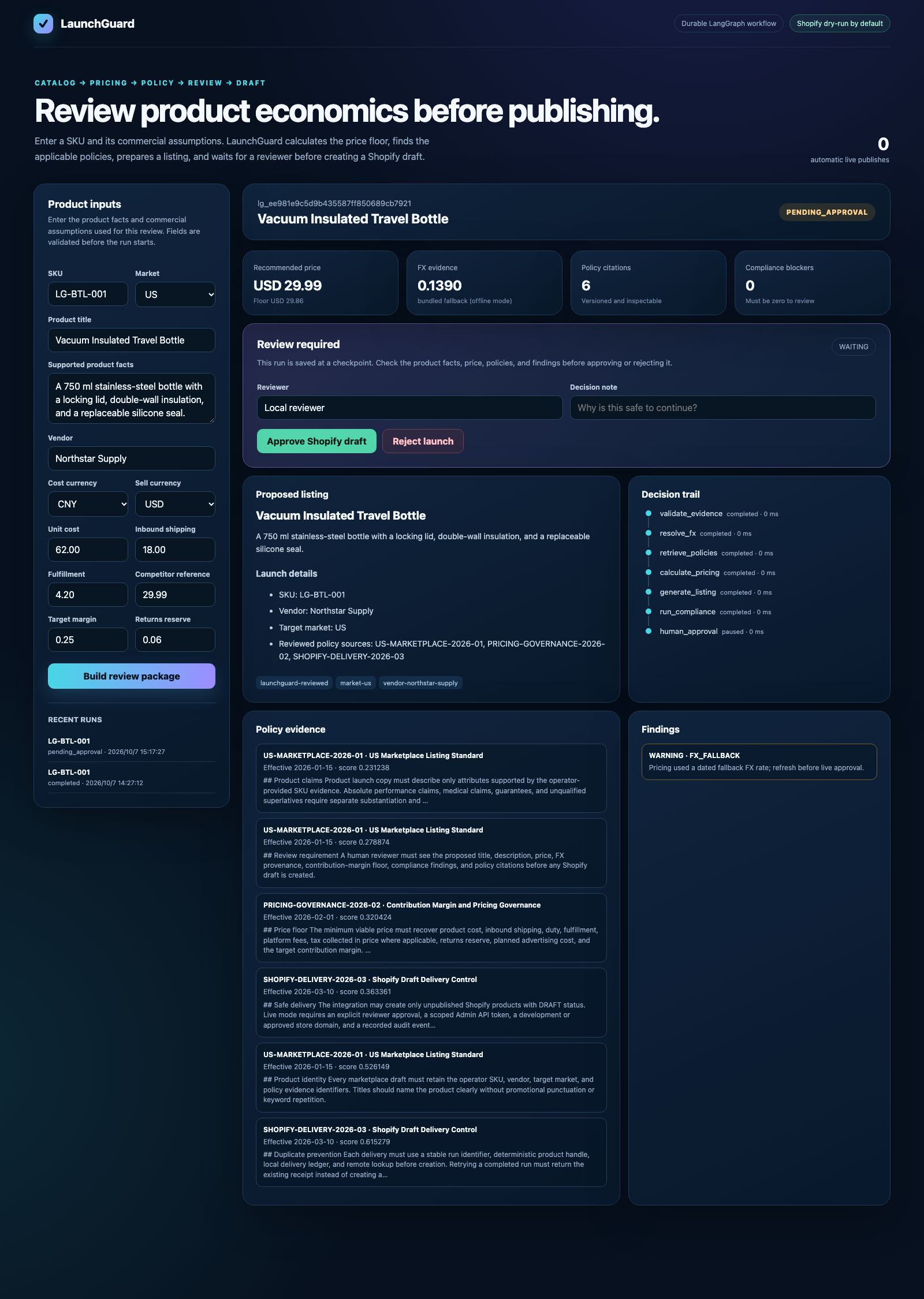 LaunchGuard control room with a product review waiting for approval