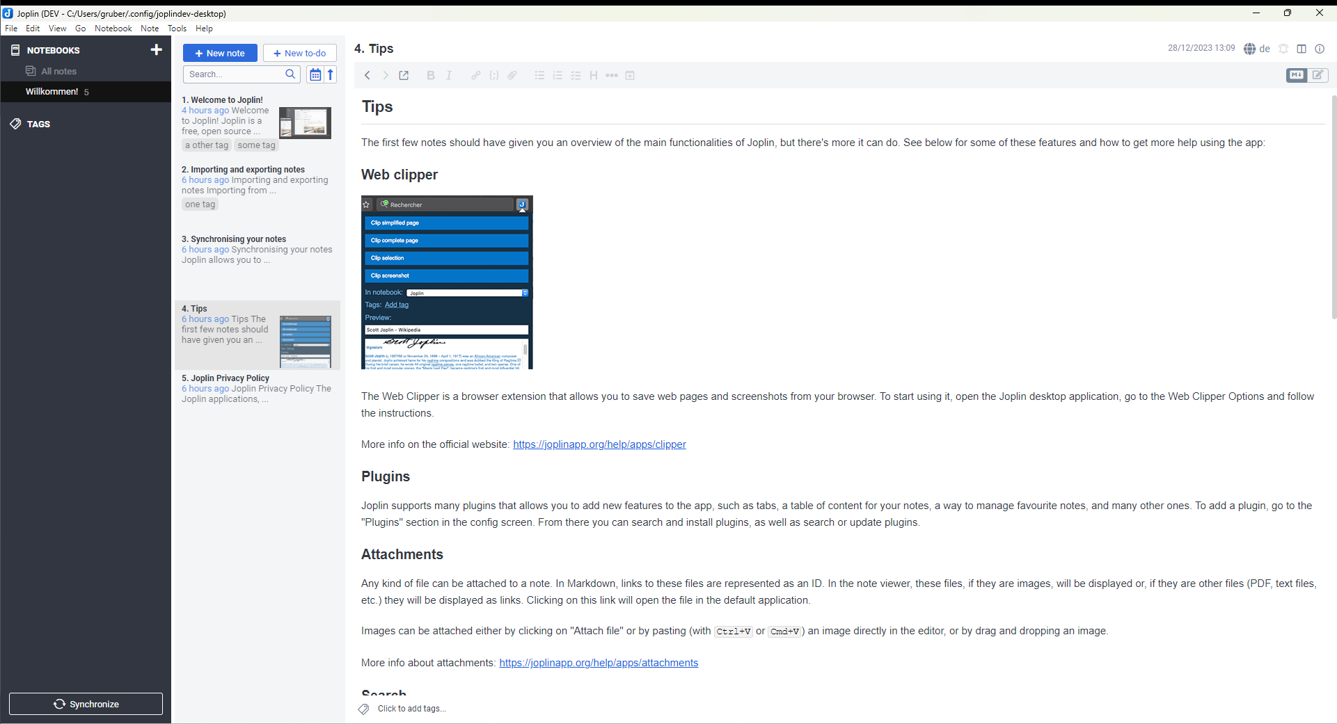 Screenshot: Showing the Note liste preview with thumbnail and tags
