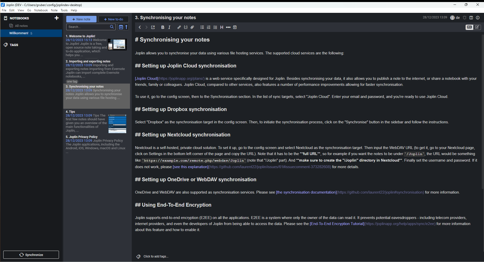 Screenshot: Showing the Note liste preview with thumbnail and tags (Dark theme)