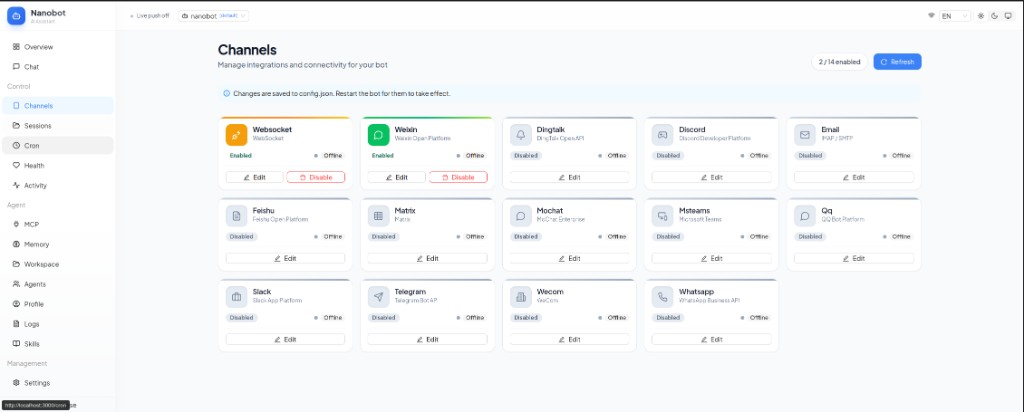 OpenPawlet channels management
