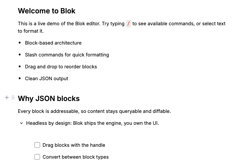 The Blok editor: a heading, a bulleted list, a toggle and a to-do list, with the add and drag handles shown beside the hovered block