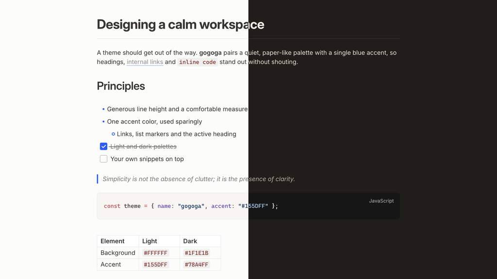 gogoga in light and dark mode