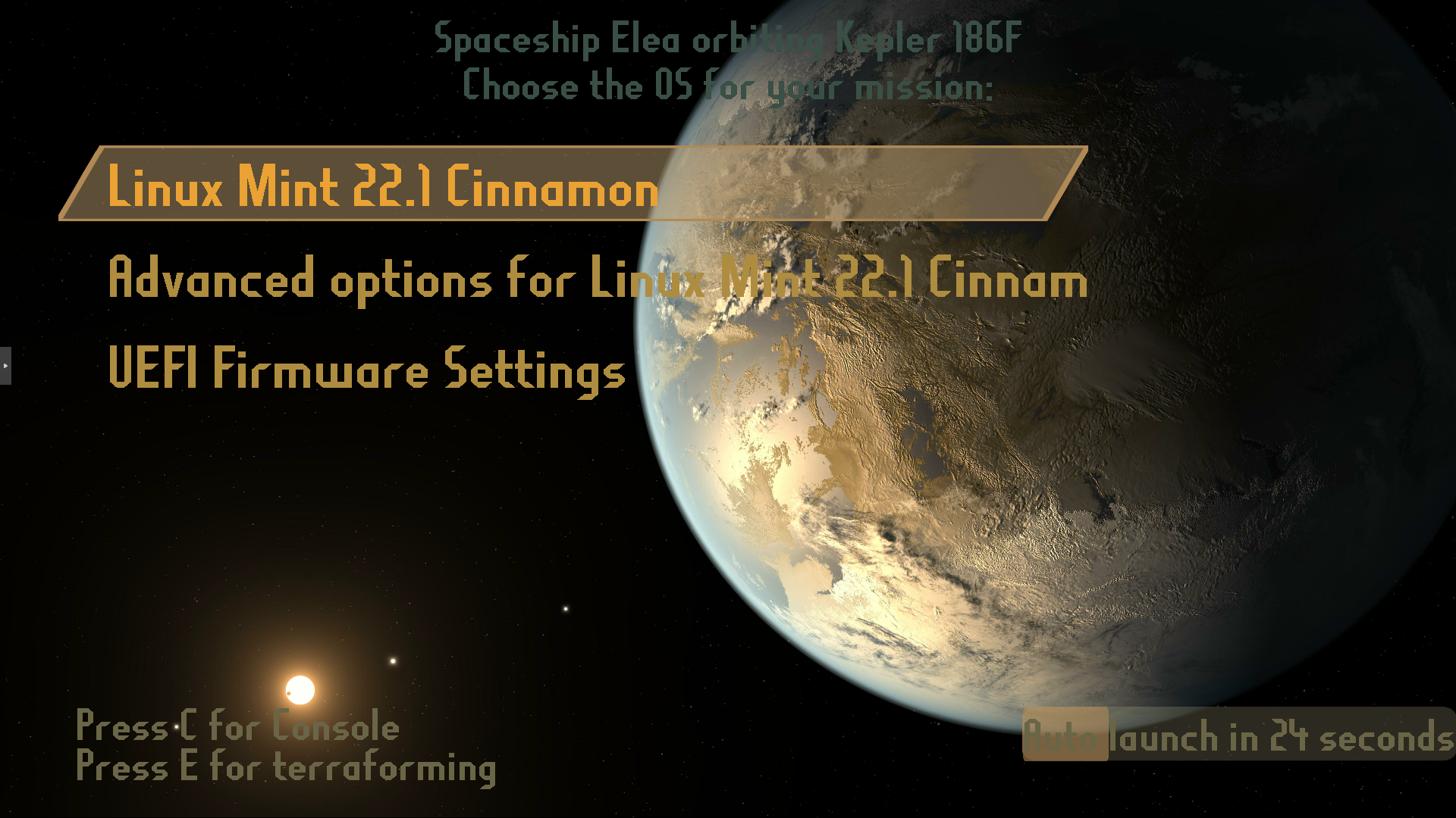 Kepler 186f - A GRUB theme inspired by the artistic impression of the possible habitable planet orbiting the Kepler star
