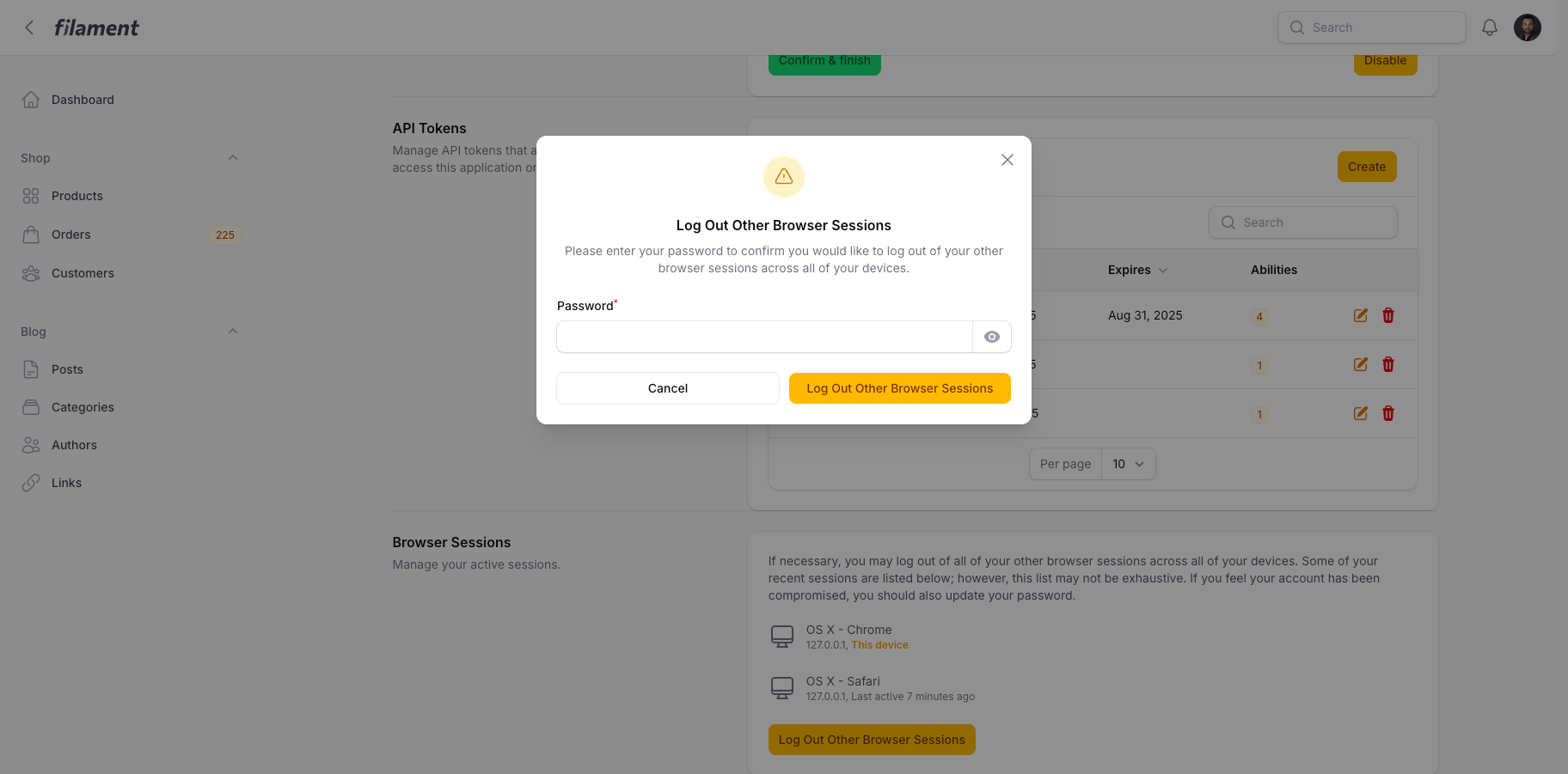 Screenshot of Close Browser Sessions Confirmation