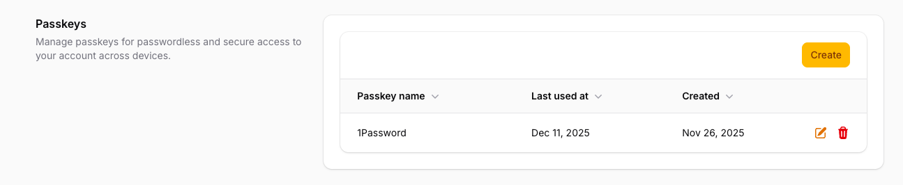 Screenshot of Passkeys