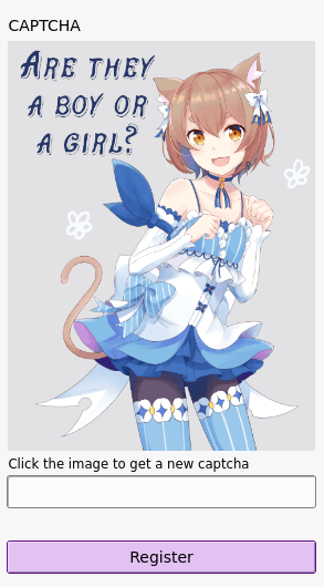 A screenshot of a CAPTCHA challenge on the registration page of a Pleroma server. It is a picture of a feminine anime character, Ferris from Re:Zero, with the question: “Are they a boy or a girl?”