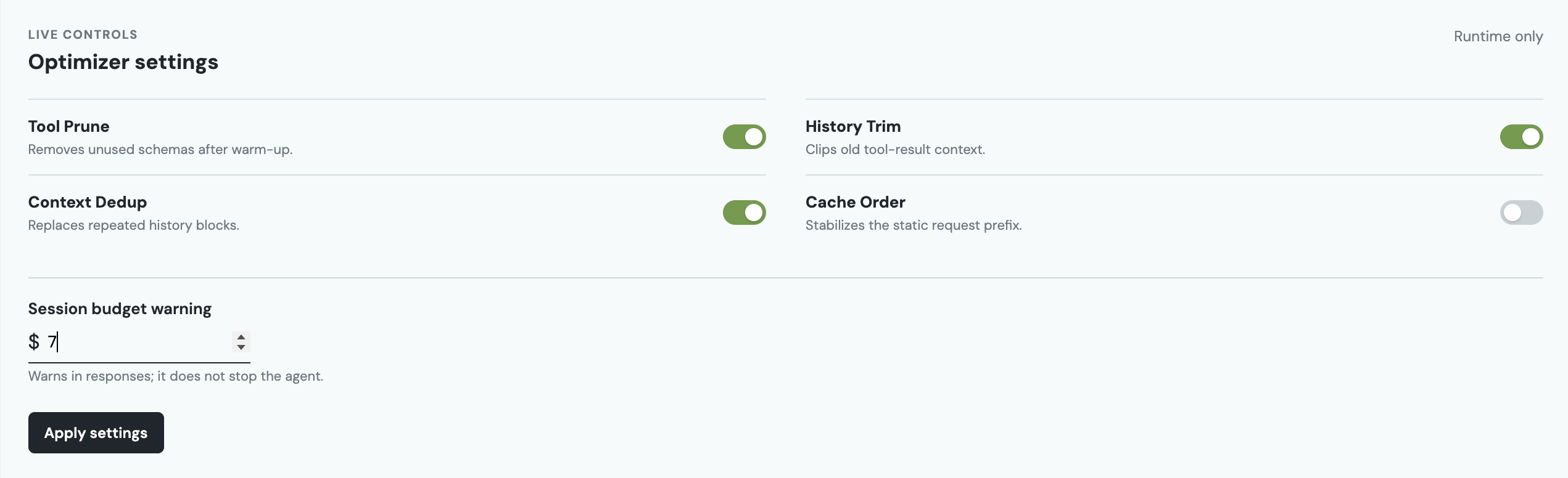 AgentWarden optimizer settings with Tool Prune, History Trim, Context Dedup, and Cache Order toggles