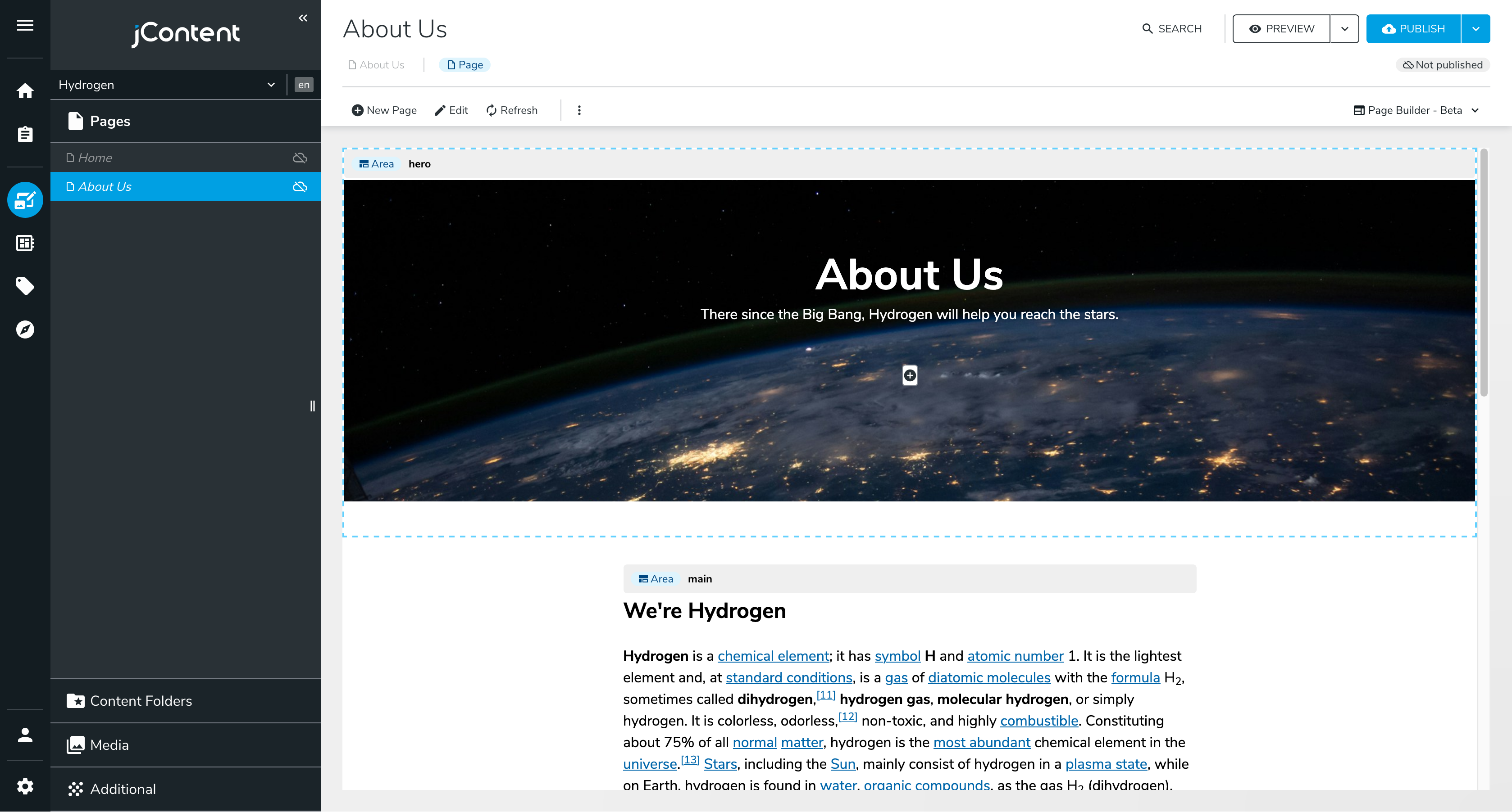 The "About Us" page with contents