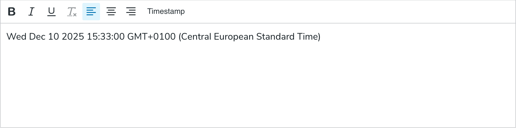 CKEditor with a "Timestamp" button in the toolbar