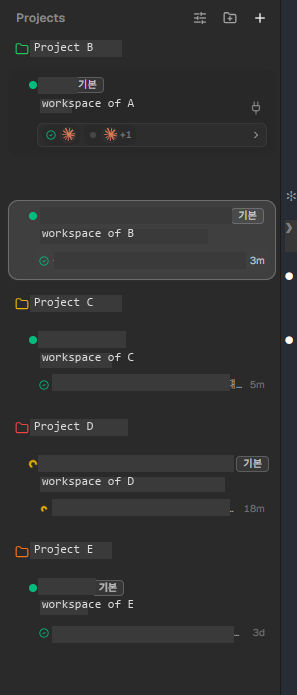 A's header missing, A's workspace under B, B's workspace headerless
