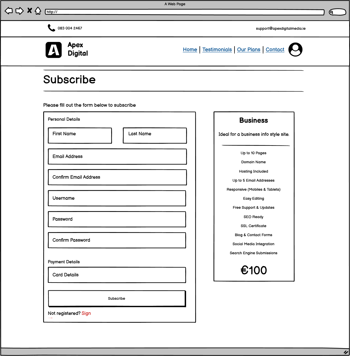 Subscription page wireframe