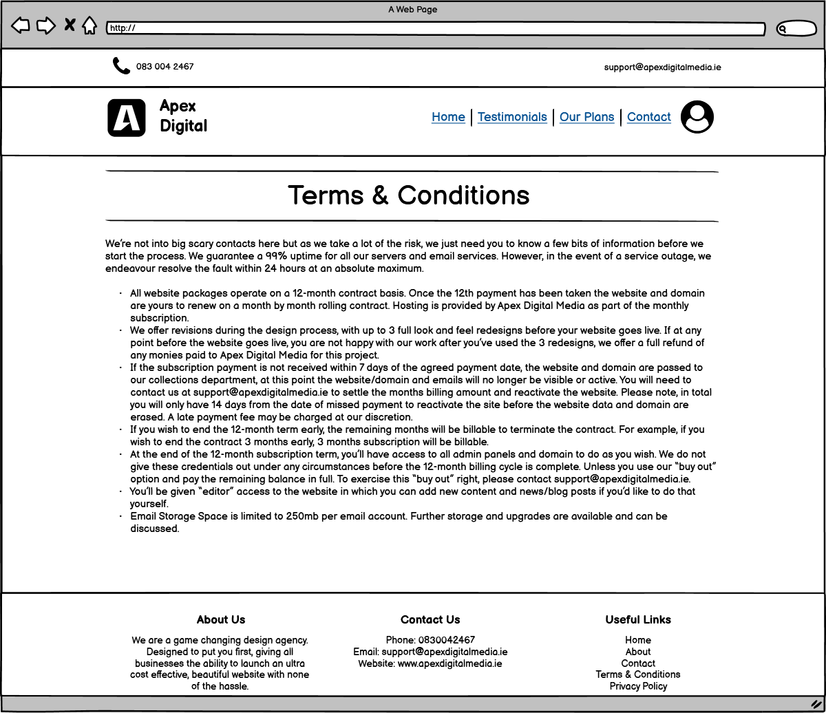 Wireframe terms and conditions page