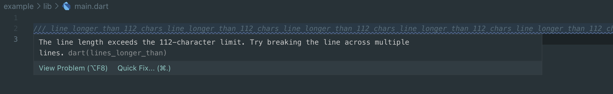 screenshot of our line_longer_than custom lint in the IDE