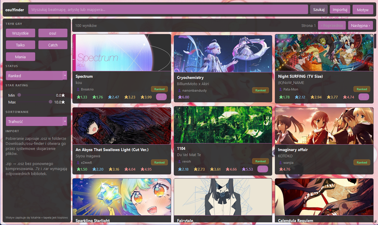 osu!finder main search window showing beatmap cards, filters and search controls