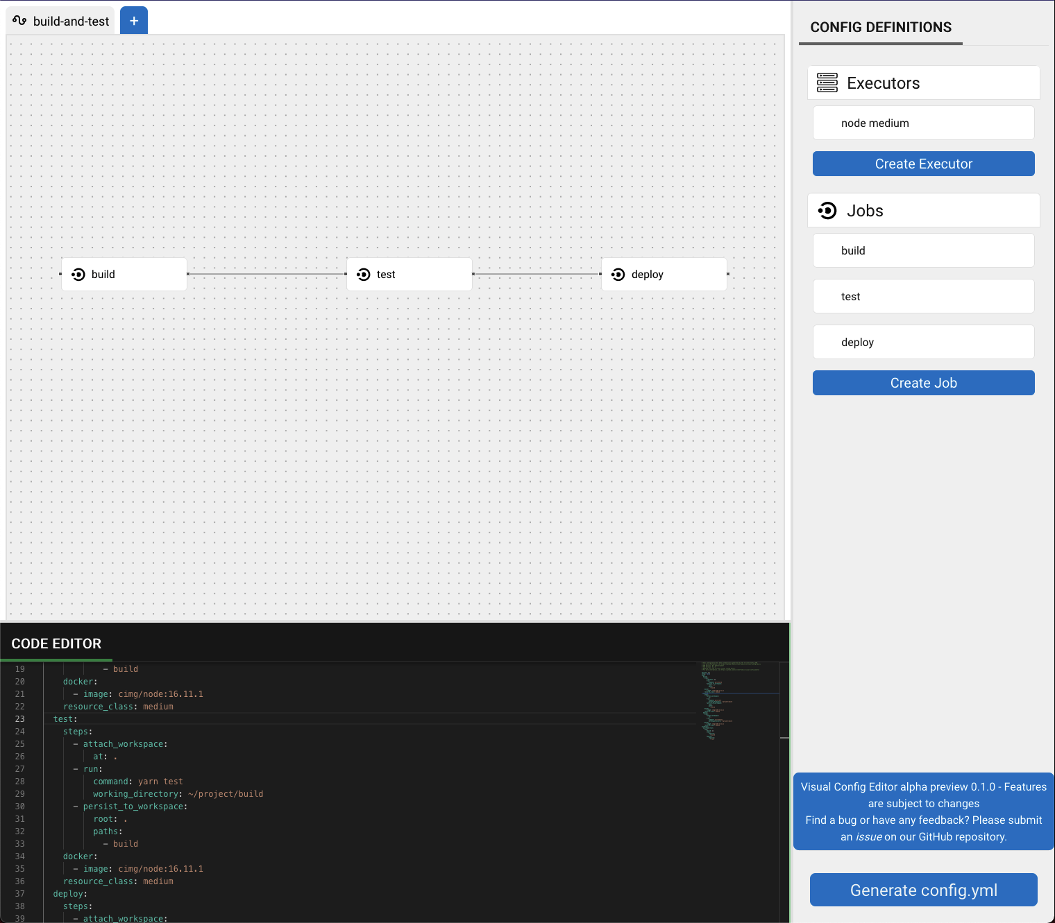 Preview of the CircleCI Visual Config Editor