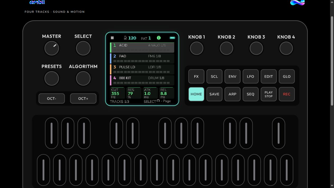 AMBII browser prototype of the FM-1, showing the four-track home screen