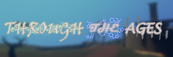 "Through The Ages" Mod Logo. "Through" has green lightning behind it. "The" has a constellation-like collection of shapes in light blue. "Ages" has various vertical grey lines.