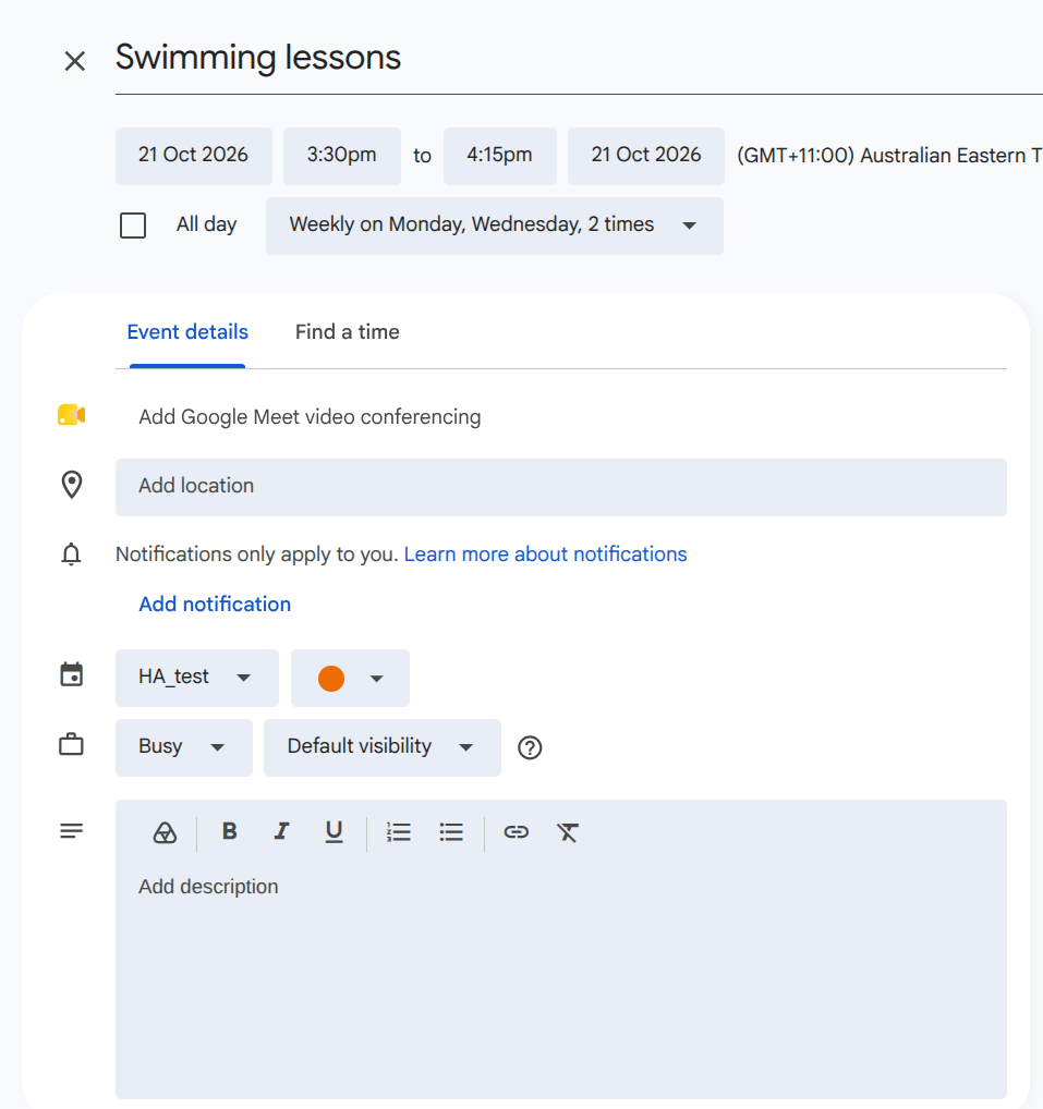 Google Calendar event editor with the colour menu next to the calendar