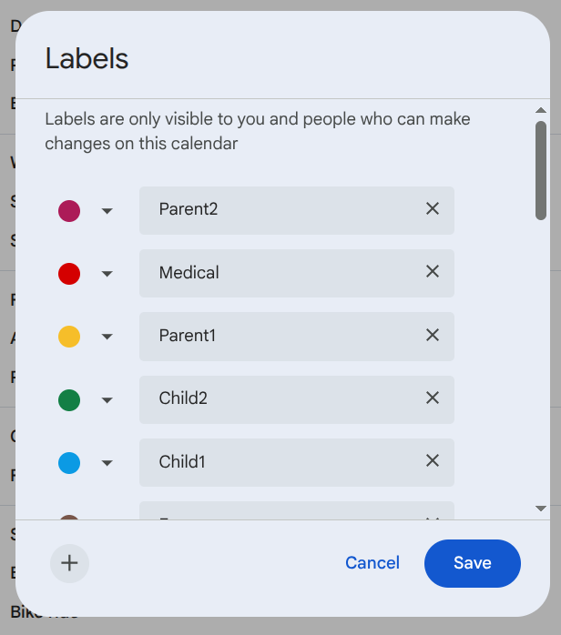 Google Calendar Labels dialog for naming colours