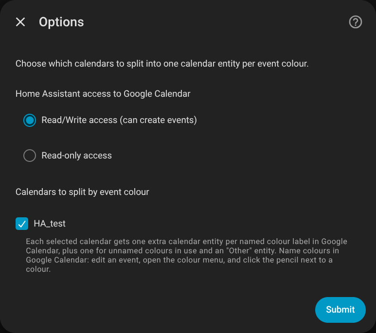 Home Assistant options with Calendars to split by event colour