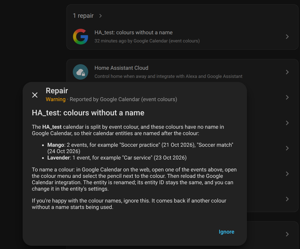 Repairs issue listing colours without a name with example events