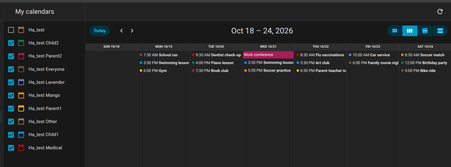 Home Assistant calendar page showing one calendar per colour