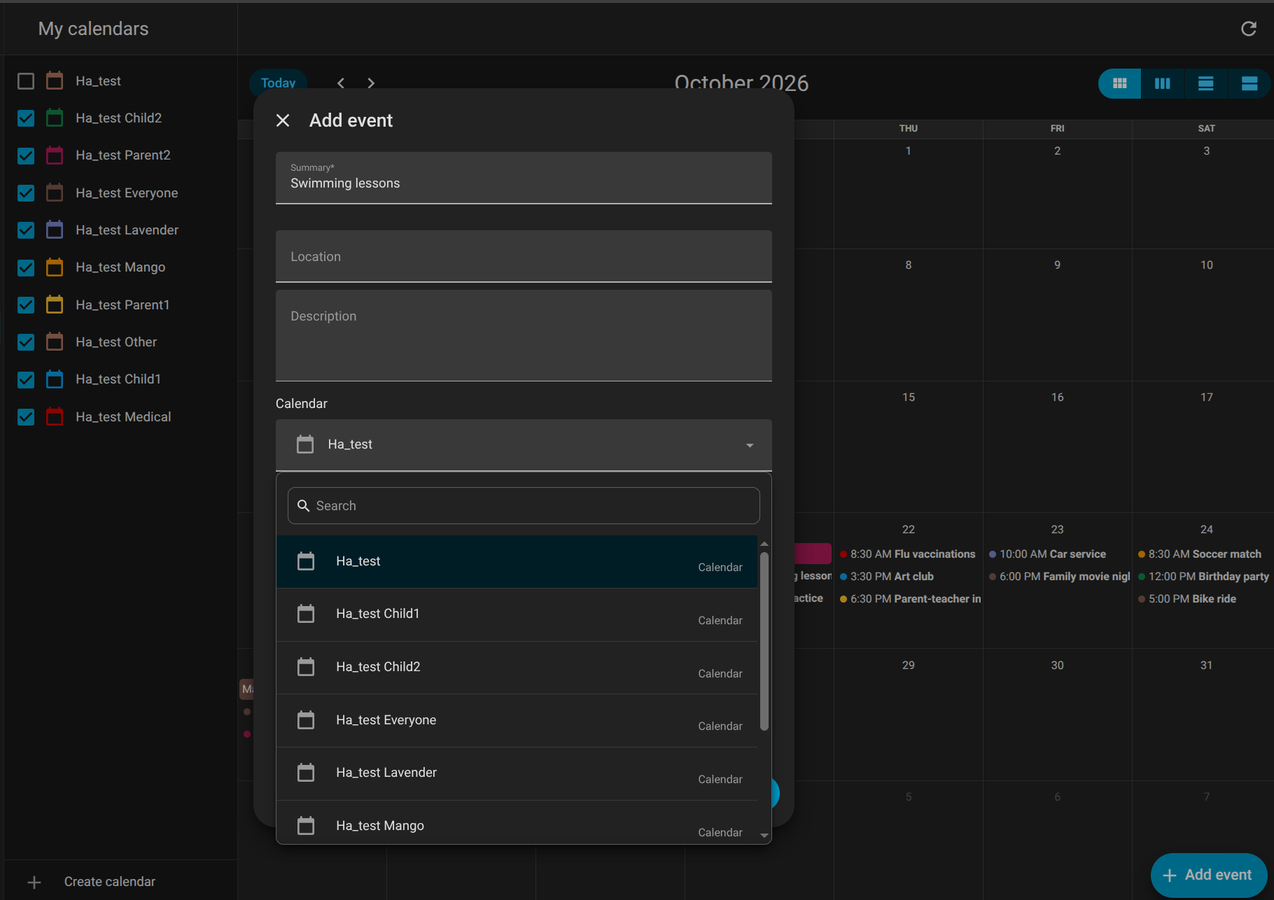 Home Assistant Add event dialog with the calendar list showing one calendar per colour