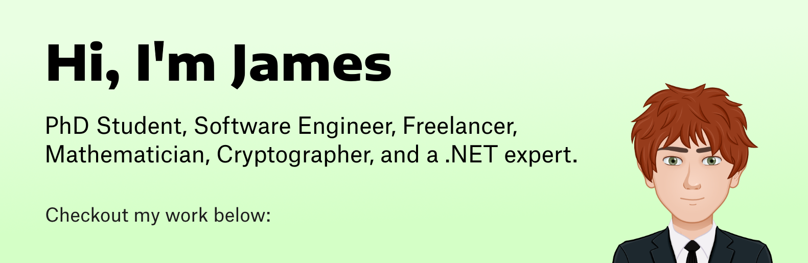 Hi, I'm James. PhD Student, Software Engineer, Freelancer, Mathematician, Cryptographer, and a .NET expert. Checkout my work below: