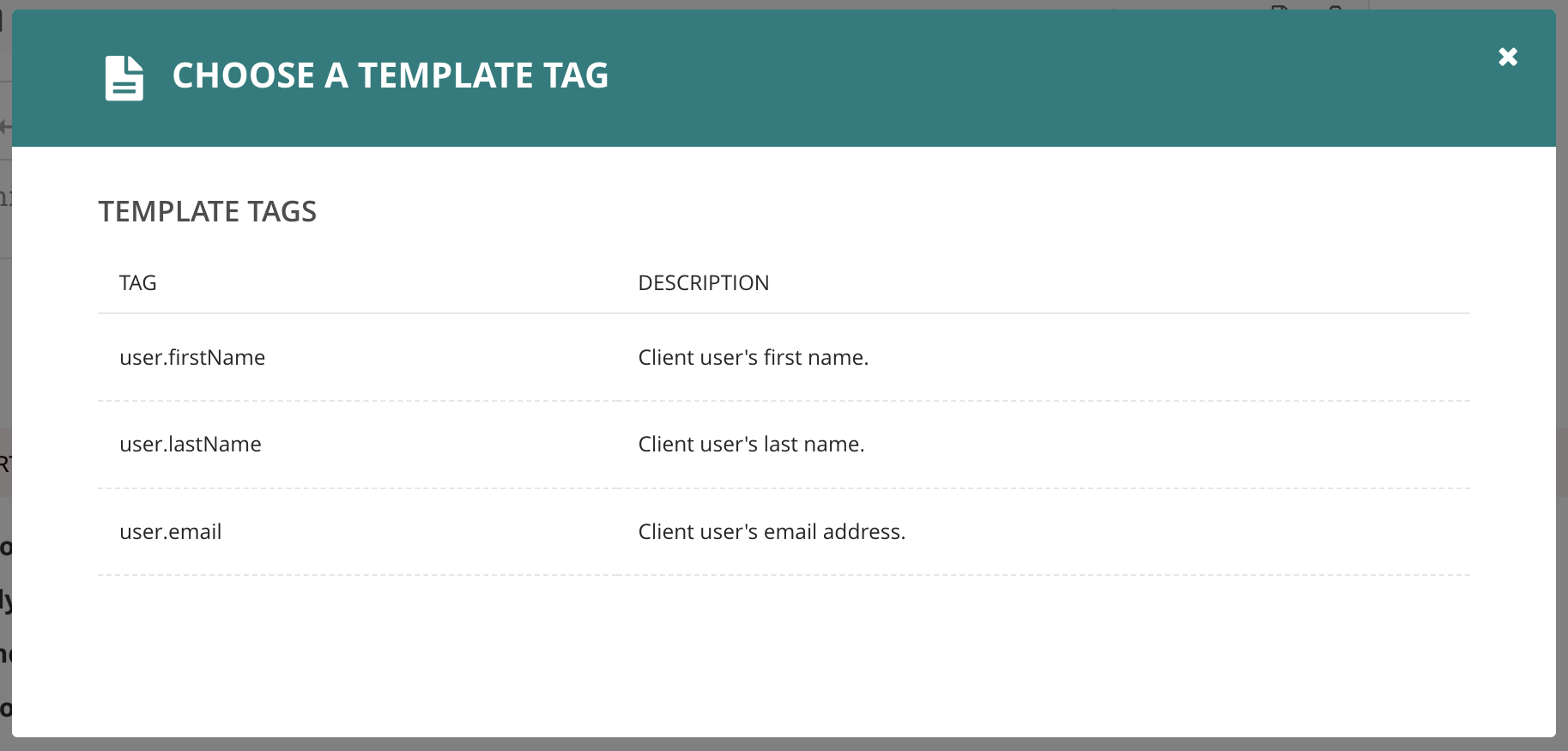 Screenshot of template tag chooser modal