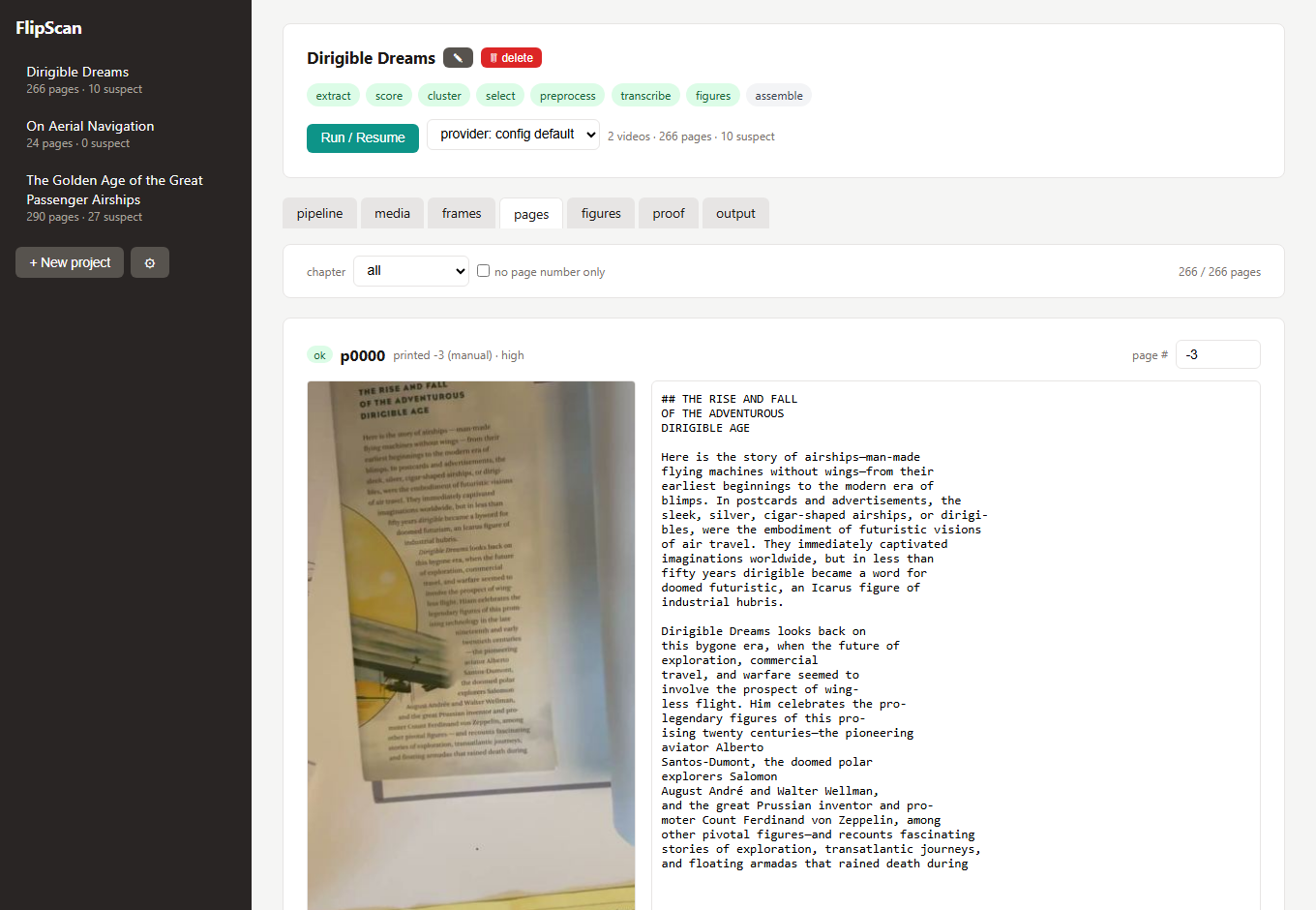 FlipScan — the pages tab: source frame beside an editable transcription, per-page controls, chapter filter