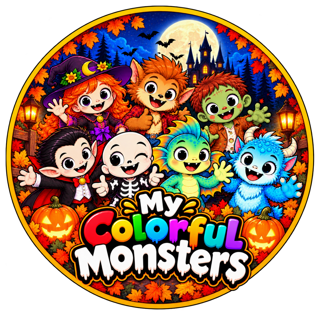 My Colorful Monsters Halloween badge featuring the original monster characters