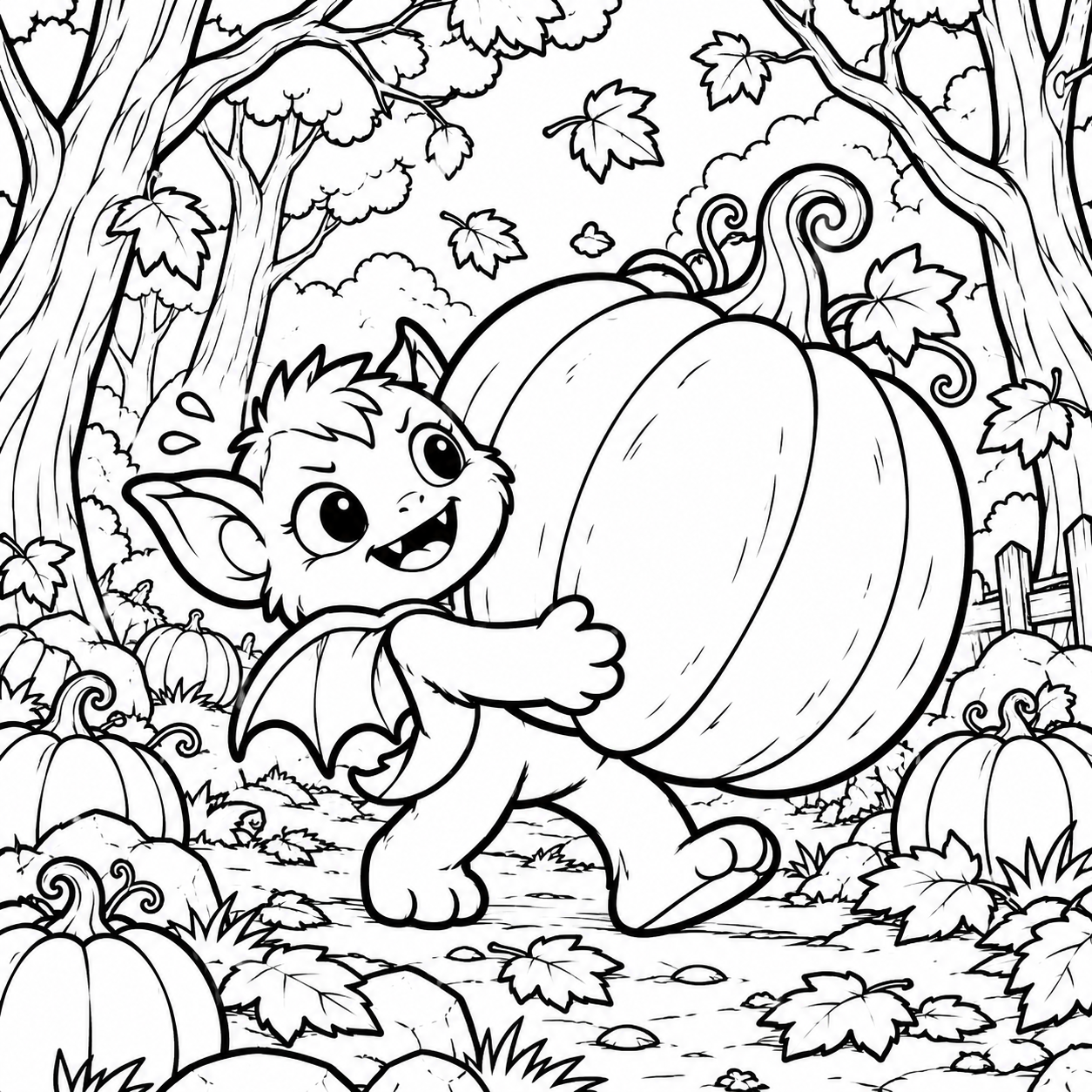 Black-and-white coloring page of a friendly winged monster carrying a giant pumpkin through an autumn forest