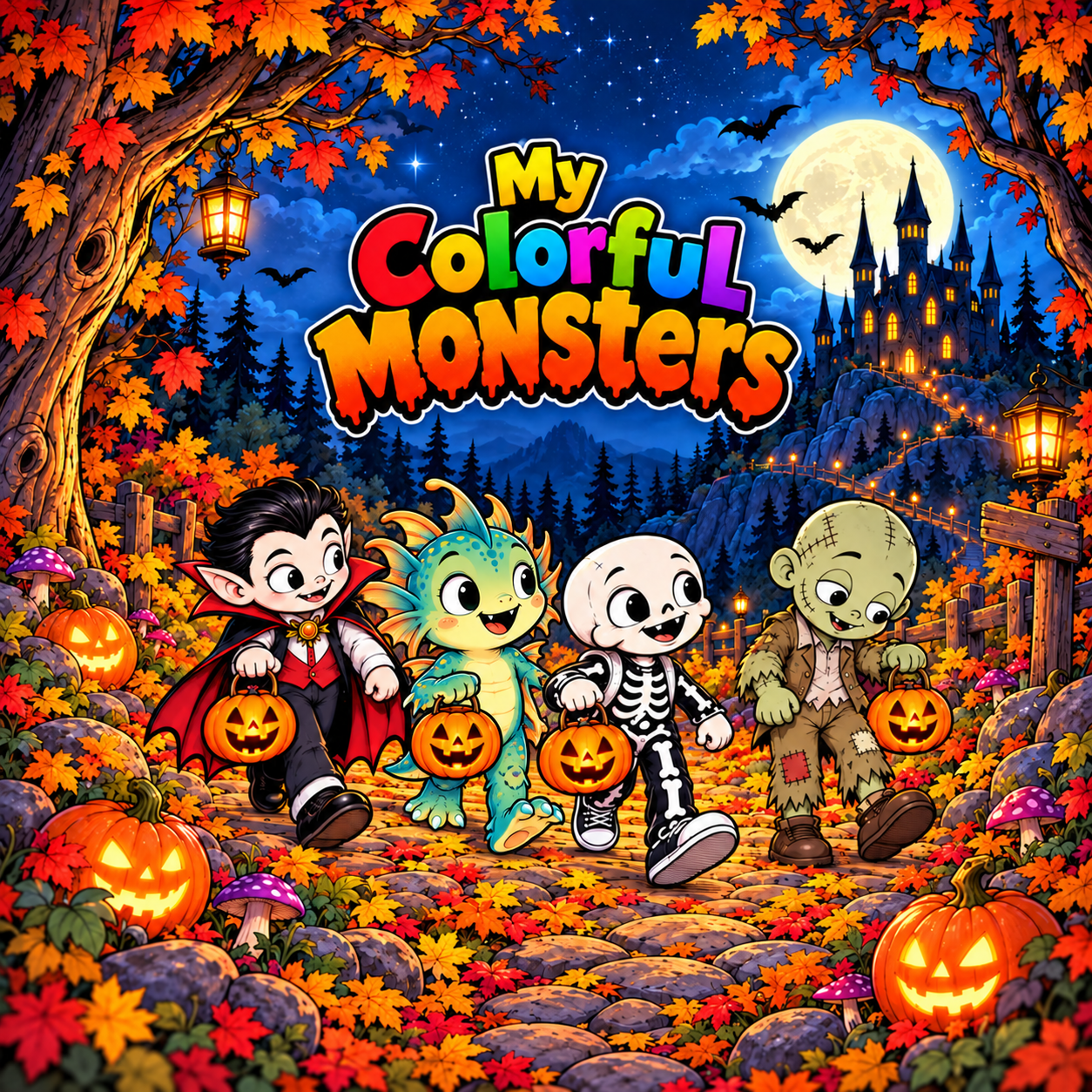 Cover of the My Colorful Monsters Halloween coloring book, featuring the original friendly monster crew