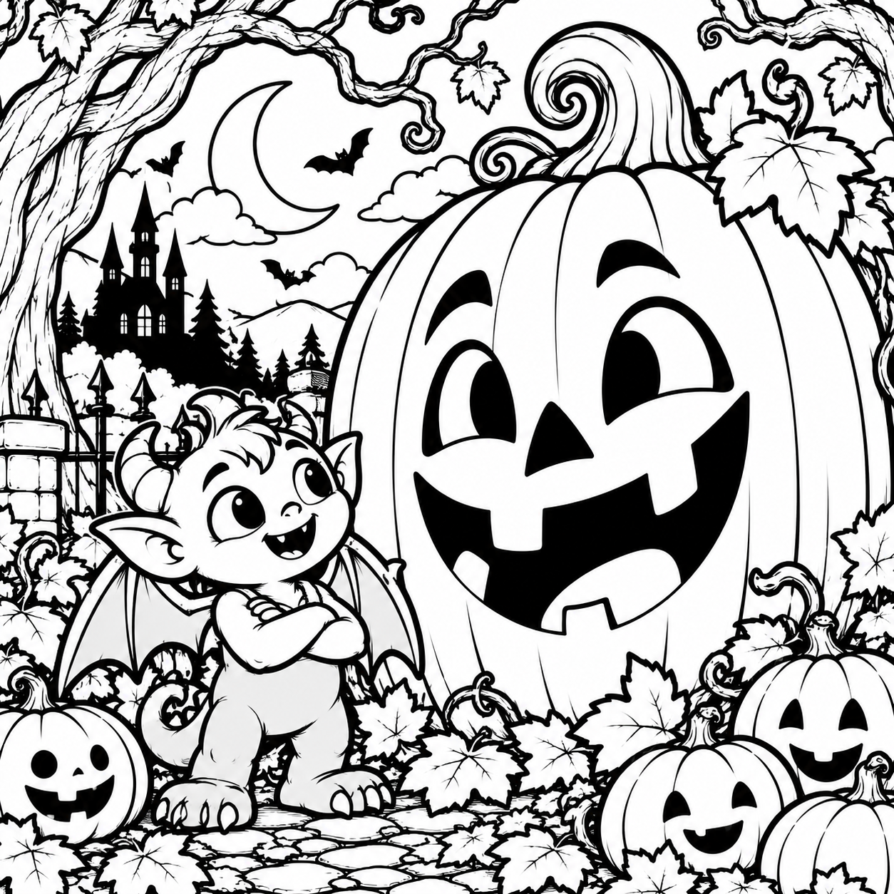 Black-and-white coloring page of a friendly gargoyle beside a giant jack-o'-lantern in a spooky autumn scene