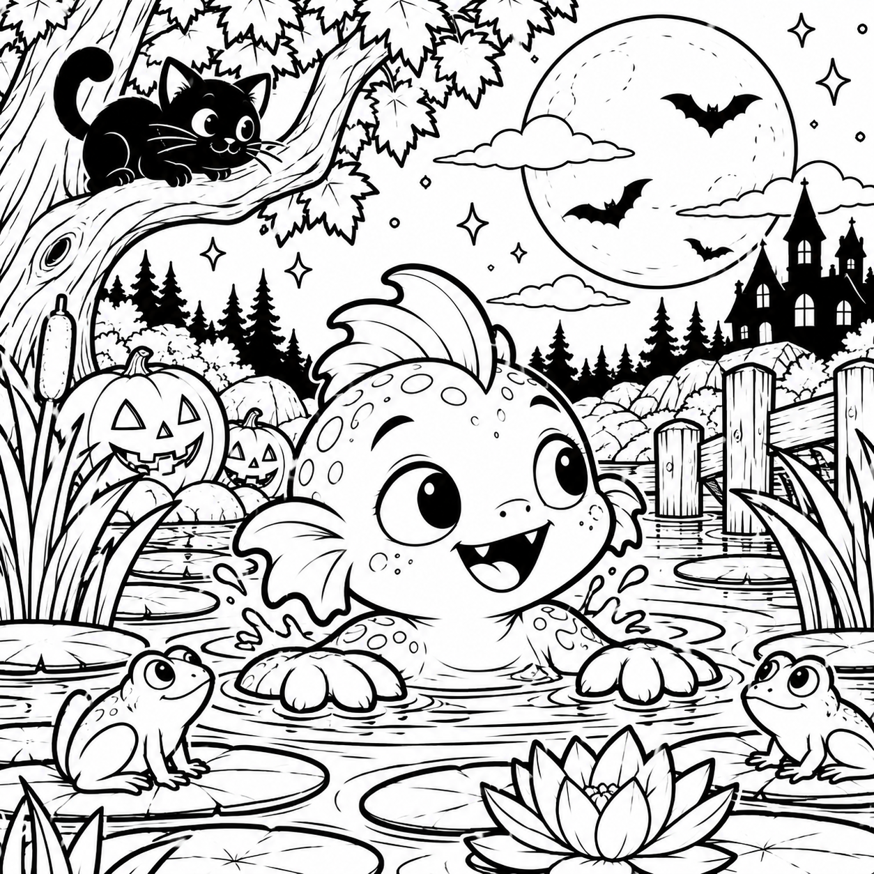 Black-and-white coloring page of a friendly aquatic monster splashing in a pond beneath the Halloween moon