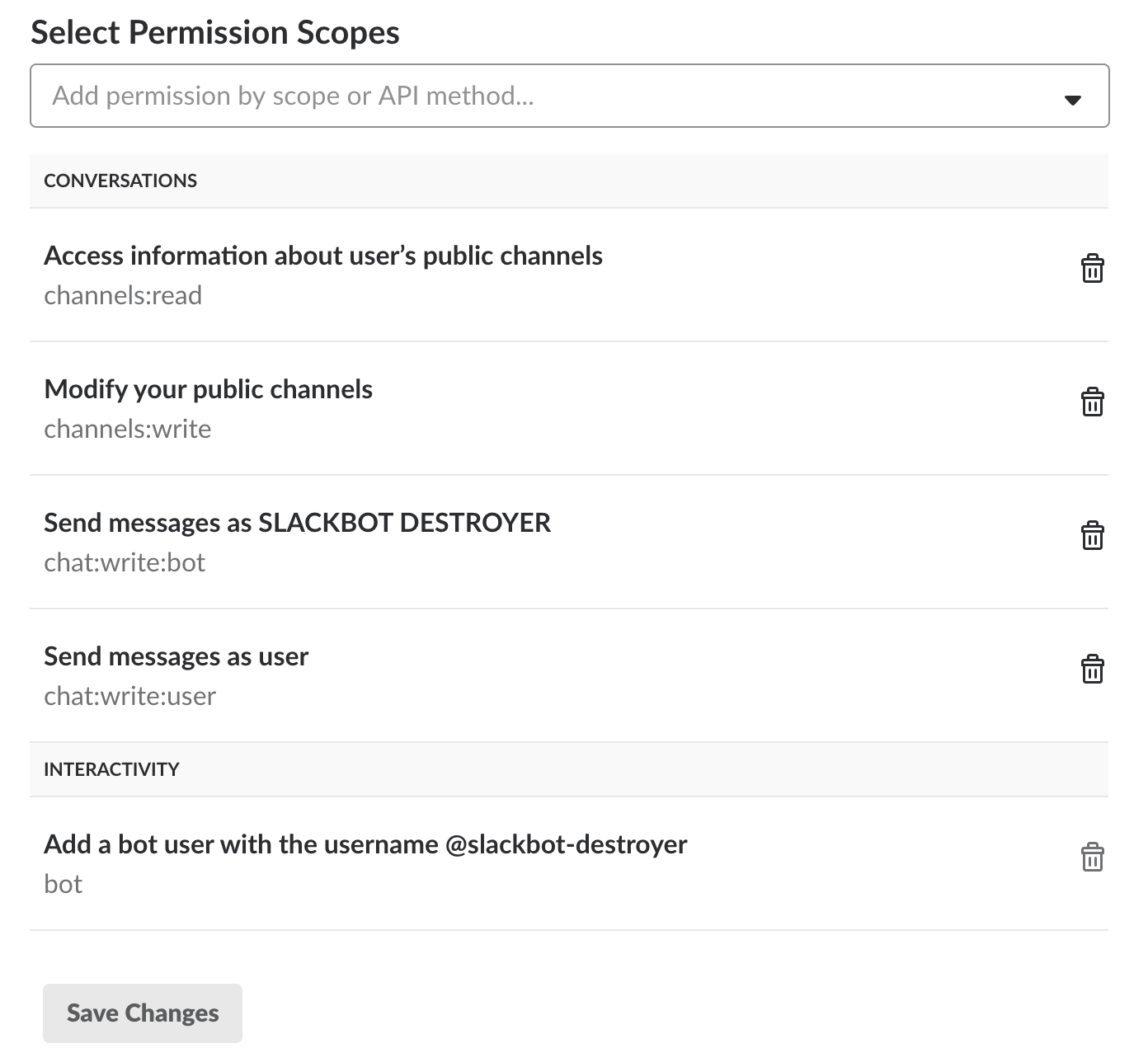 Scopes enabled: channels:read, channels:write, chat:write:bot, chat:write:user