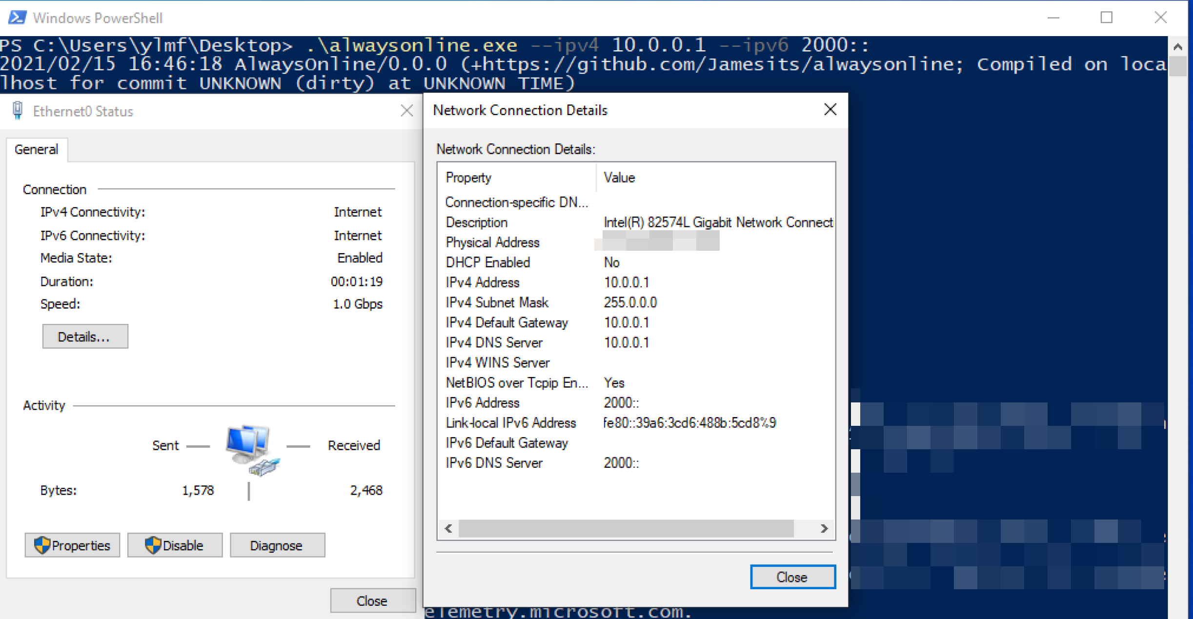Screenshot showing Windows 10 network connection details: IPv4 address, default gateway, DNS server set to 10.0.0.1, subnet mask 255.255.255.0; IPv6 address and DNS server set to 2000::, subnet length 64