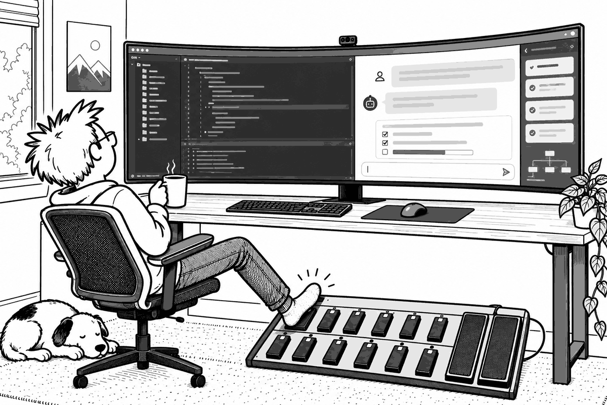 Cartoon: a developer leans back from a wide monitor with a coffee, stomping a footswitch on a MIDI pedalboard while a dog sleeps nearby.