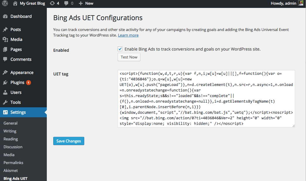 Screenshot showing Bing Ads UET configuration page in WordPress