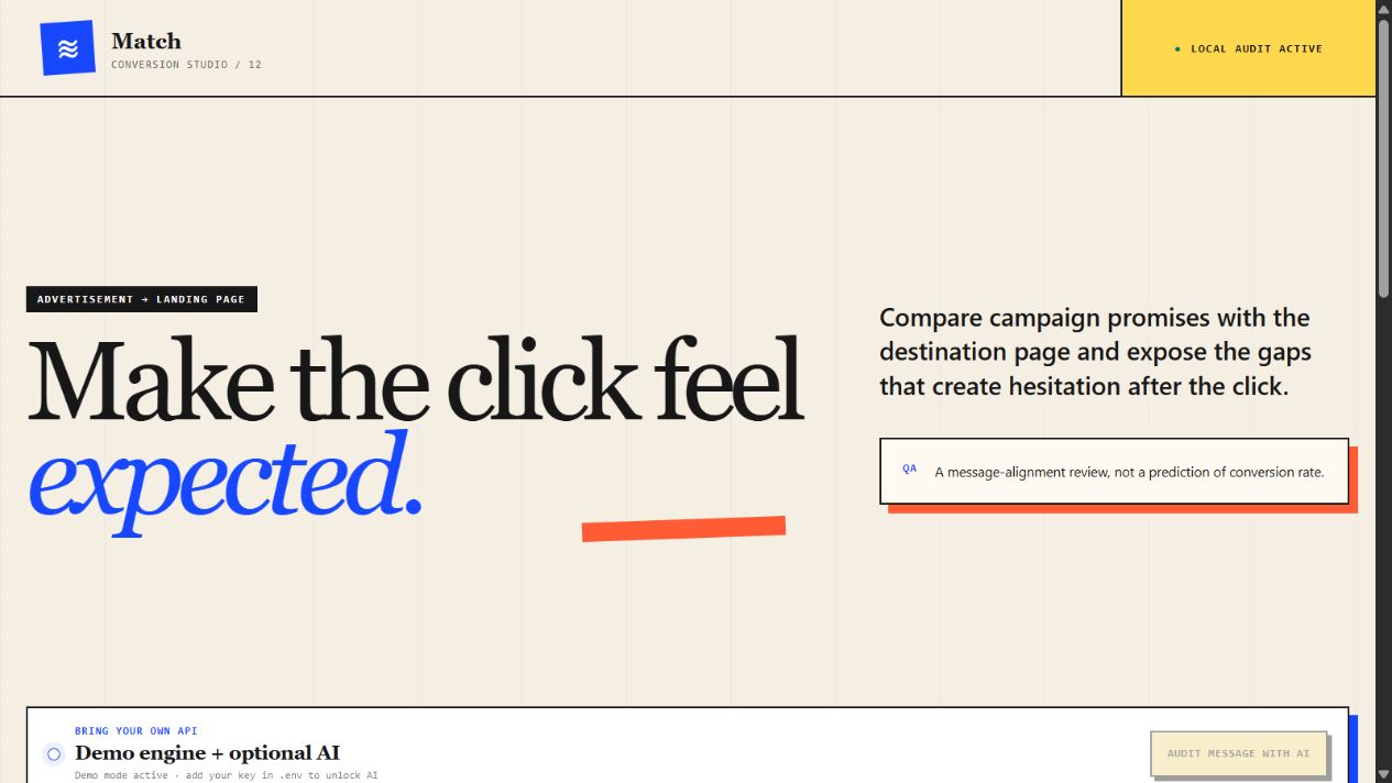 Landing Page Message Auditor interface