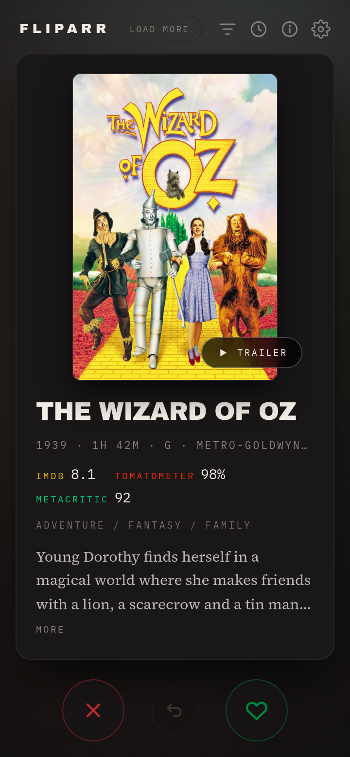 Fliparr swipe deck showing a movie poster, ratings and synopsis on a phone