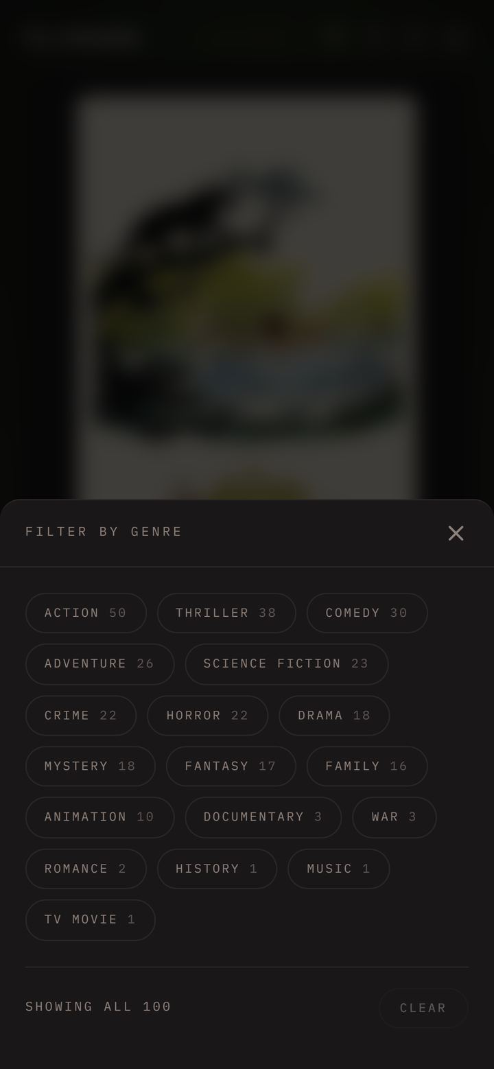 Filter sheet listing genres with counts and a minimum rating gate