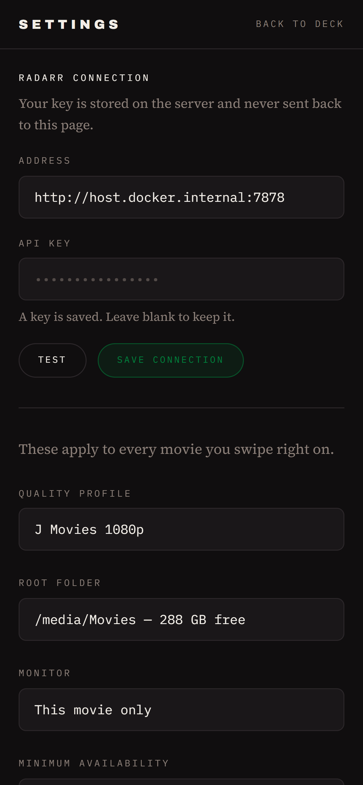 Fliparr settings screen showing Radarr connection with a test button